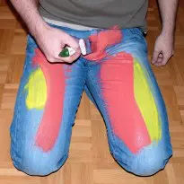 red yellow and blue jeans